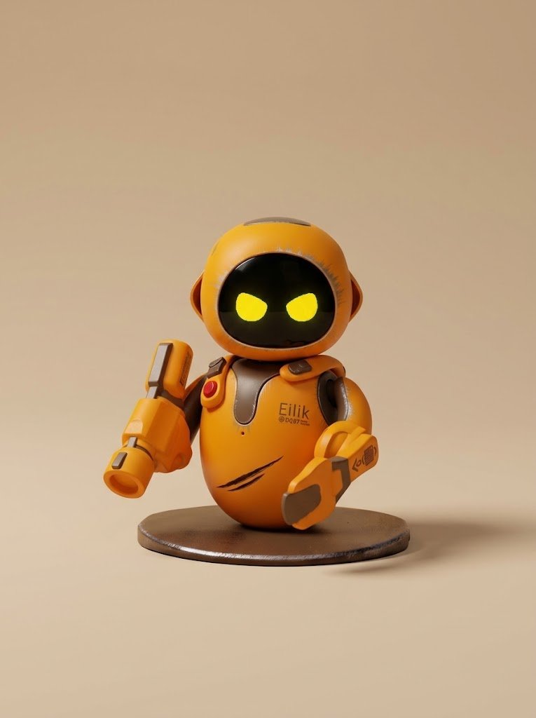An orange and brown robot figure with glowing yellow eyes stands on a dark circular base against a light brown background. It holds a blaster-like accessory in its right arm and a tool in its left.
