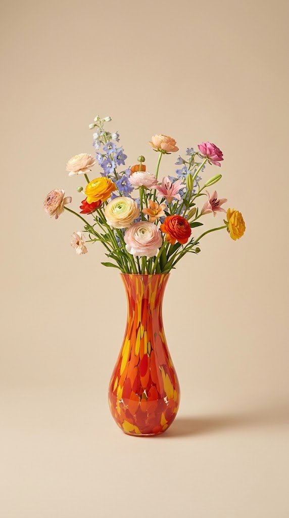 A hand-blown glass vase in orange and yellow confetti colors, filled with a colorful bouquet of ranunculus, lilies, and delphiniums, set against a light beige background.