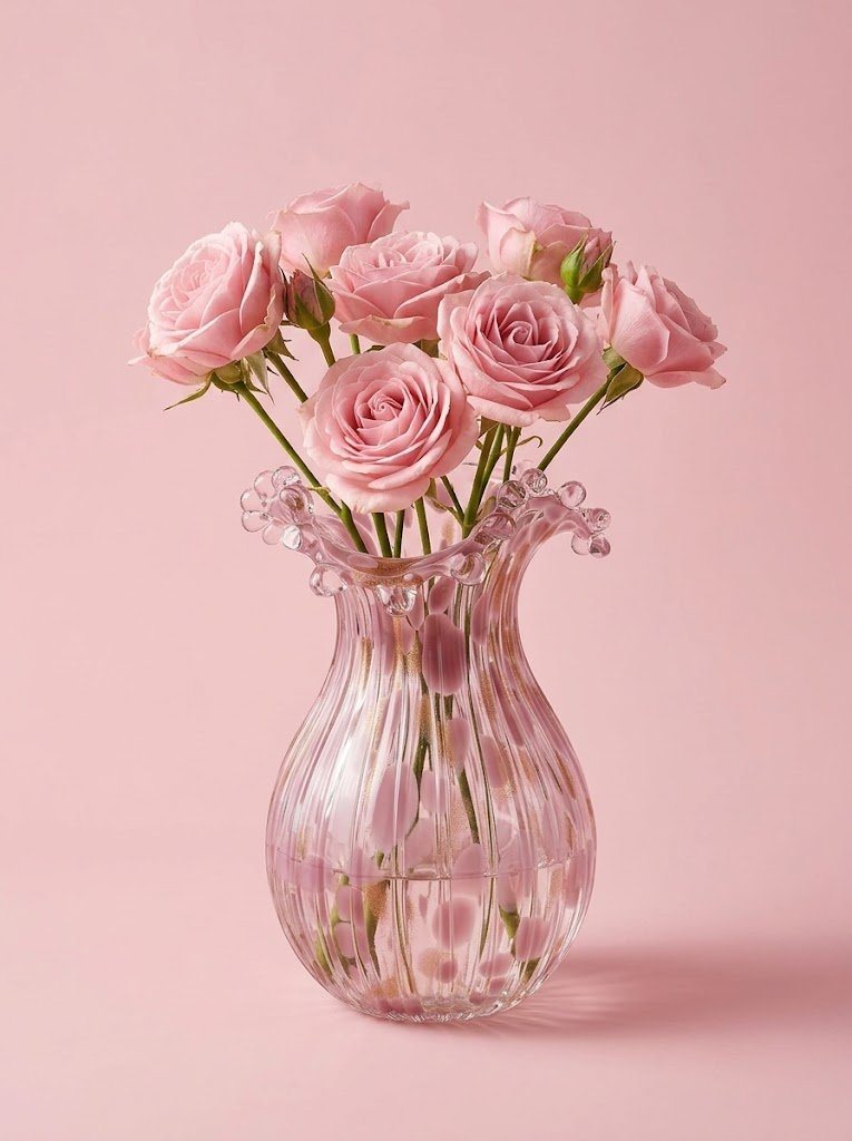 A clear hand-blown glass vase with embedded pink petal-like decor and a ruffled rim, holding a bouquet of light pink roses, all set against a solid light pink background.