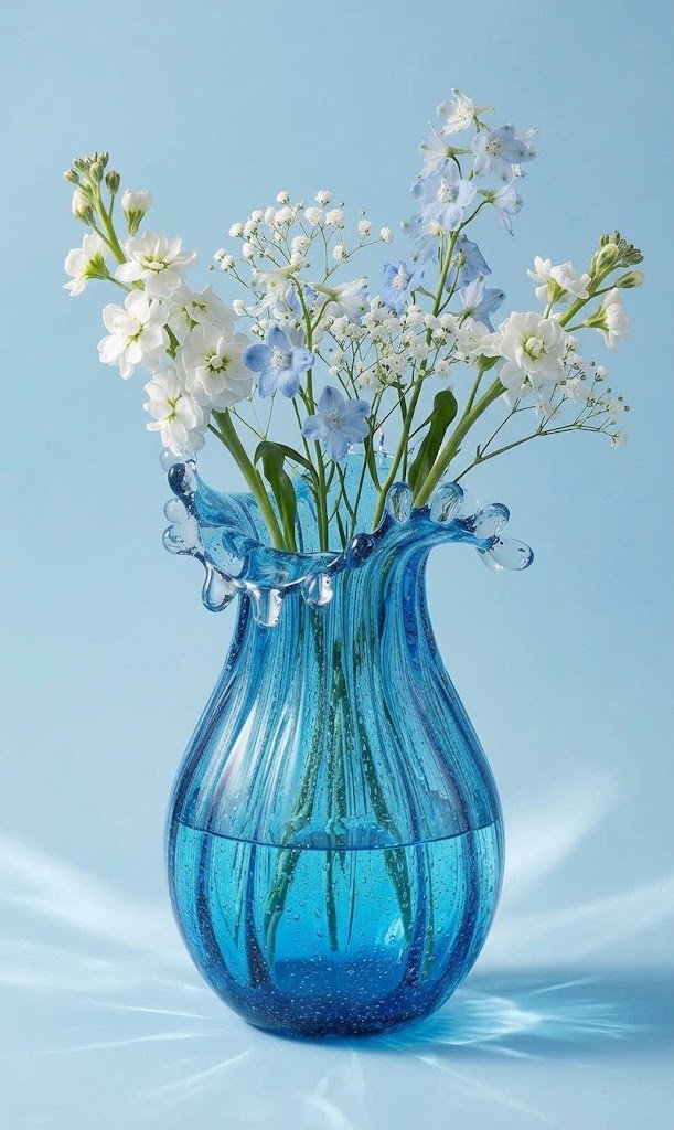 A vibrant blue blown glass vase filled with white and light blue flowers sits on a light blue surface, casting gentle ripples of light.