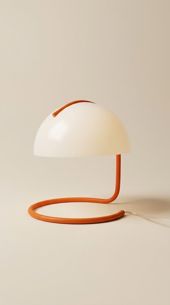Orange mushroom-shaped table lamp with a white dome shade on a wooden nightstand next to a stack of books.