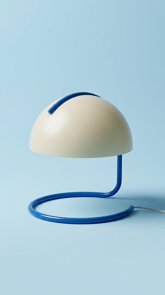 A small table lamp with a curved cobalt blue metal tube base and a cream dome shade set against a light blue background.