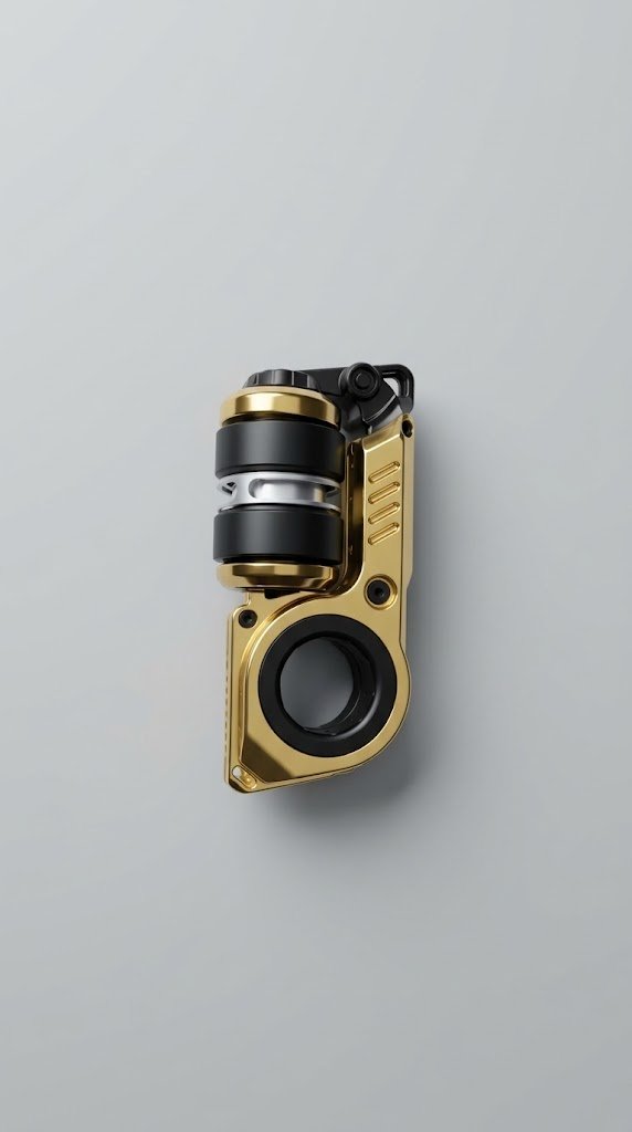 A gold metal fidget slider toy resting on a light wood surface, showing its angular shape and smooth finish.