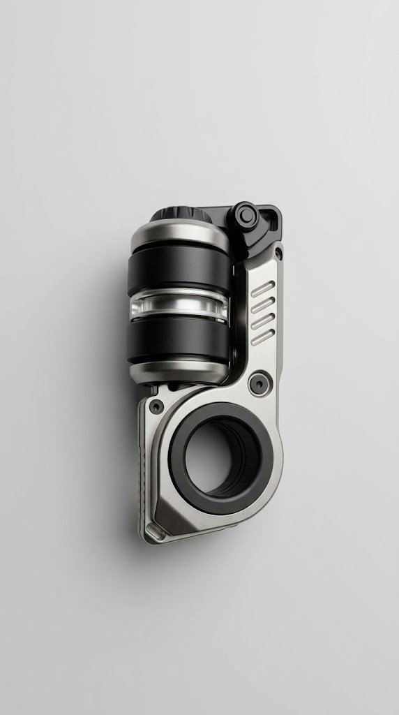 A silver metal fidget spinner resting on a light wood surface, shown from above with fingers nearby as if about to handle it.