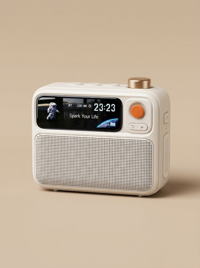 A small matte-white rectangular device with a softly glowing pixel screen showing gentle wave animation, placed on a light wood nightstand beside a ceramic lamp and folded linen.