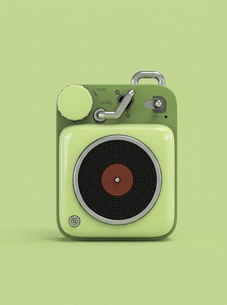 A small cube-shaped speaker in coral red with a matching lanyard, sitting on a light wood desk beside a white ceramic mug and a notebook. A gift bag in muted gray is visible in the background.