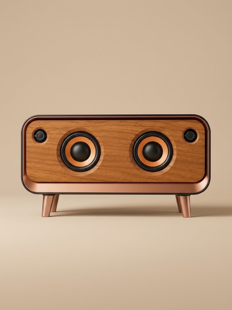 A compact rectangular speaker in muted beige with soft ambient lighting glowing from its front grille, placed on a wooden desk beside a ceramic mug and open notebook.