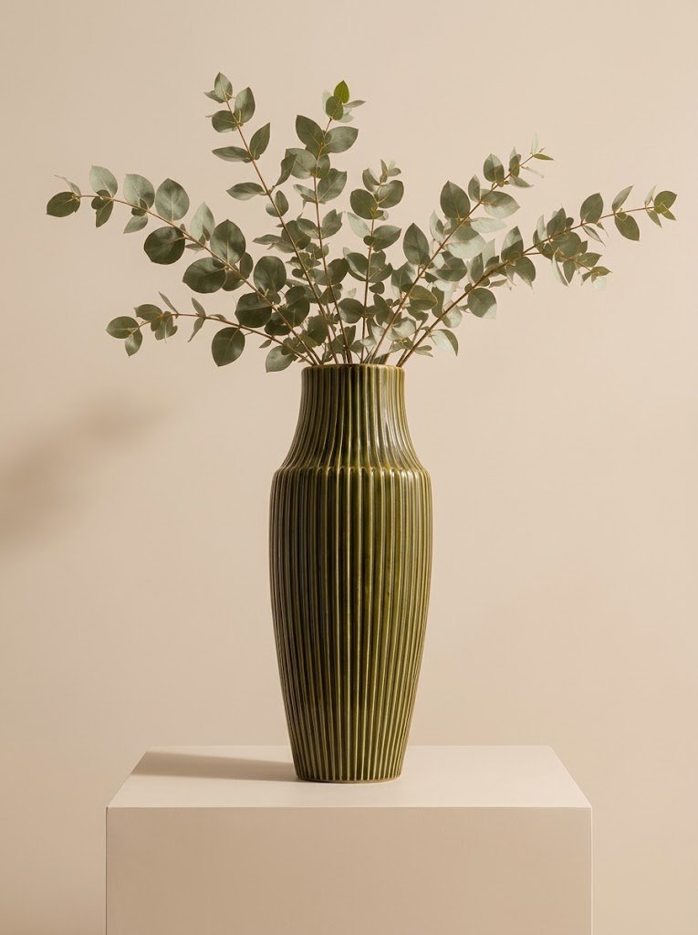 A tall olive green ceramic vase with vertical ribbing sits alone on a light wood console table against a white wall.