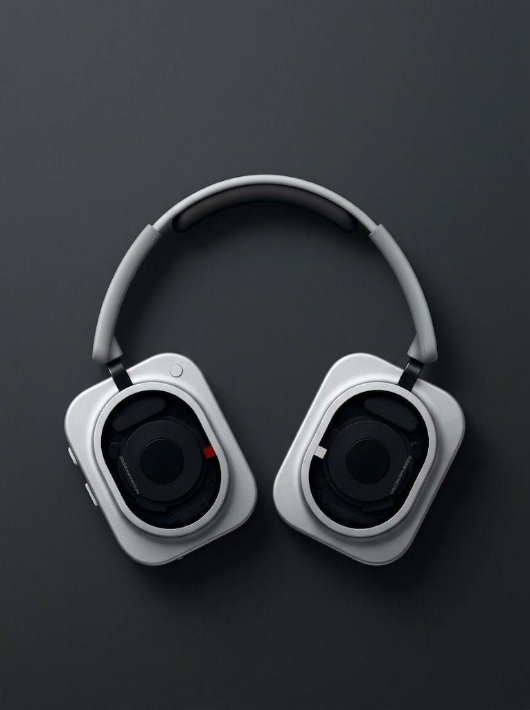 Matte black over-ear headphones with glass and titanium accents resting on a pale oak surface beside a hardshell case.