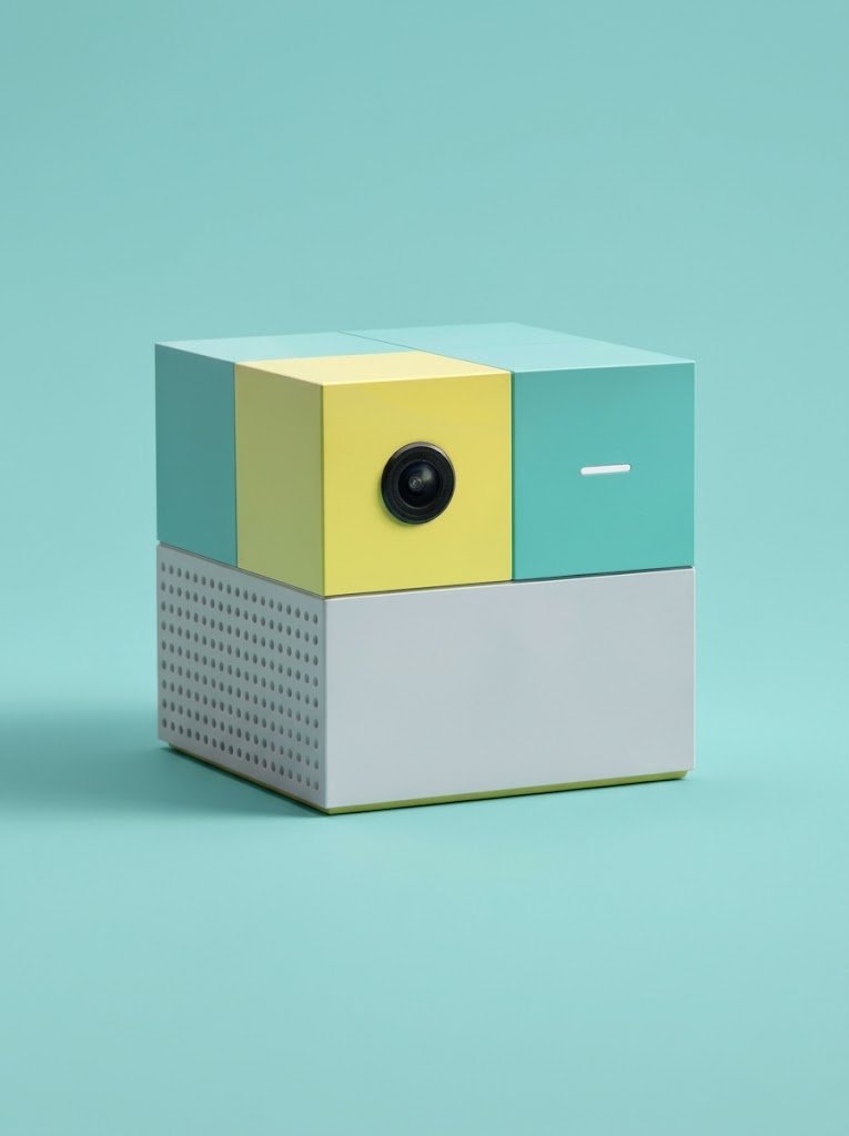 A compact cube-shaped gaming console with a mint and soft yellow color-blocked top housing a round camera lens, resting on a perforated light grey base against a solid teal background.