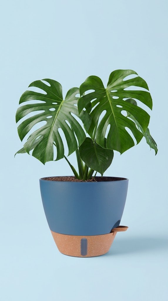 Three navy blue plastic planters of decreasing size—12, 10, and 8 inches tall—arranged on a light wood surface. Each has a smooth matte finish and a small transparent window near the base showing water inside.
