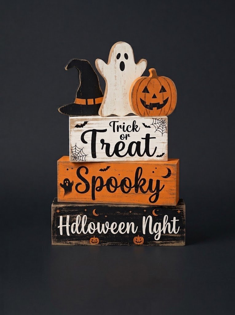 Three stacked rectangular wooden blocks on a light wood tiered tray, featuring printed witch hat, ghost, and pumpkin icons with phrases 'Trick or Treat', 'Spooky', and 'Halloween Night' in black serif type on a white and gray distressed background.