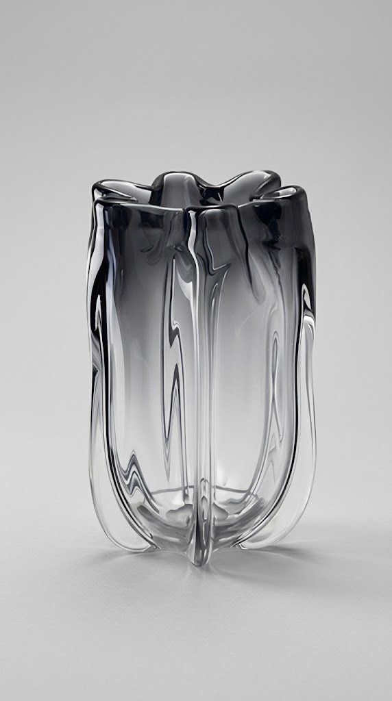 A heavy, sculptural blown glass vase featuring raised vertical ridges and a wavy rim, shaded with a charcoal grey gradient at the top that fades into clear transparent glass at the bottom.