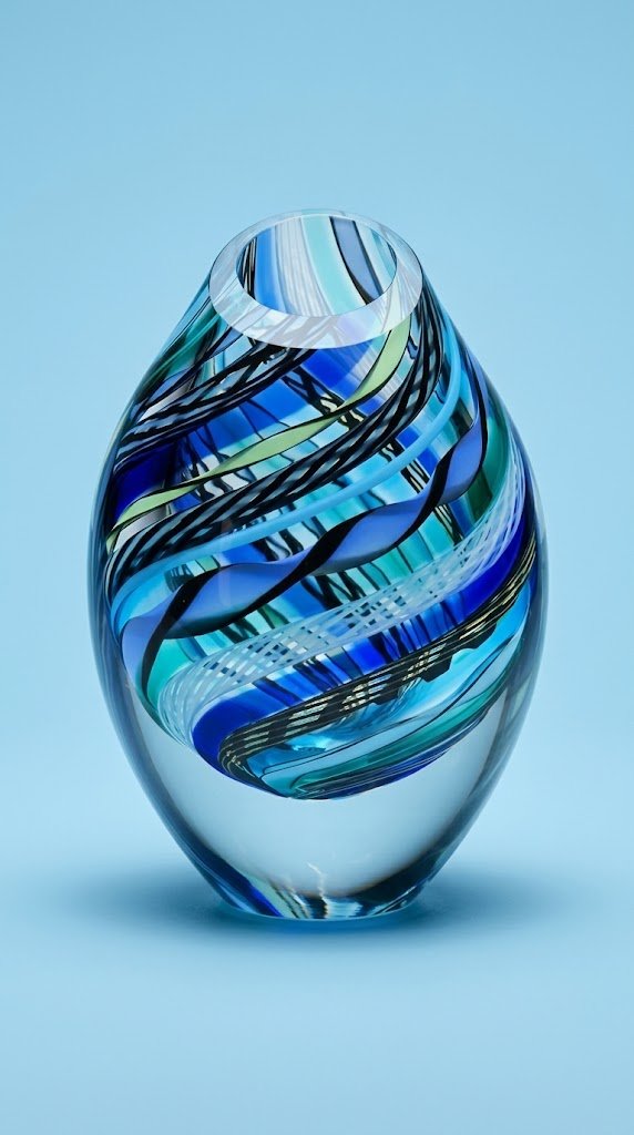 A tall, teardrop-shaped blue glass vase with swirling cobalt and turquoise streaks, displayed alone on a light wood surface against a neutral wall.